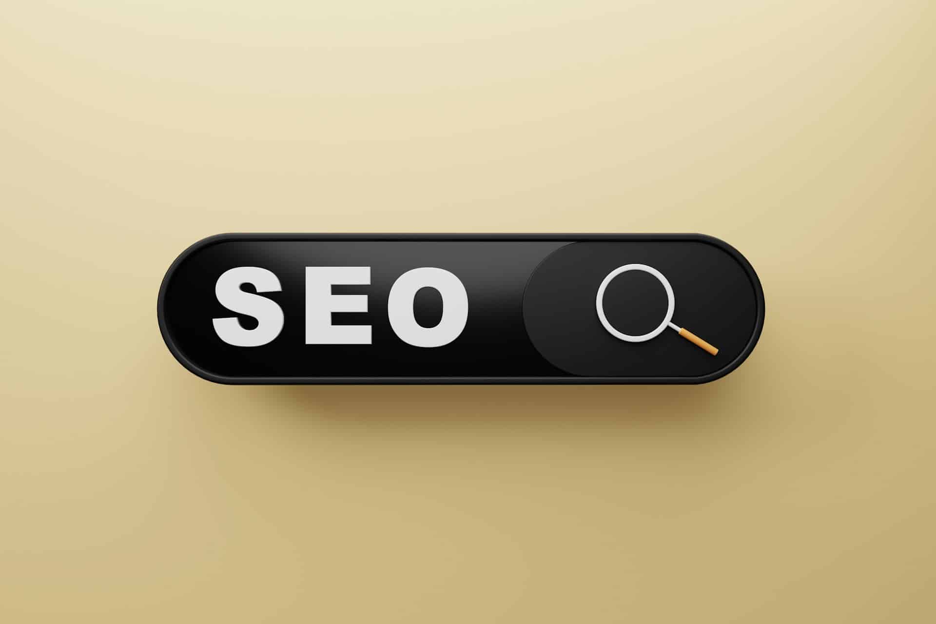 SEO word with magnifying glass icon beside it.